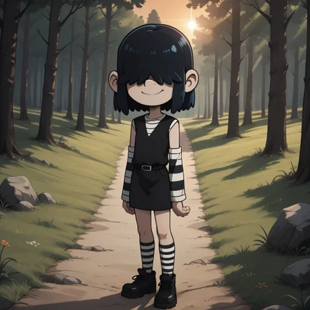 score_9, score_8, BREAK, solo, Lucy_Loud_(The_Loud_House), black hair, goth girl, hair over eyes, pale skin, long striped arm sleeves and stockings, black dress worn over a striped shirt, black shoes, self portrait, smile, looking at viewer, outdoors, sunlight, shadows, evening lighting, natural lighting, forest, trees, grass, orange sky, sunset