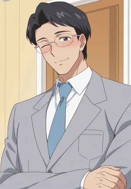 score_9, score_8_up, score_7_up, score_6_up, perfect anatomy, perfect proportions, best quality, masterpiece, high_resolution, high quality, highres, bara, 1boy, solo focus, solo, mature, masculine, manly, hunk, virile, handsome, charming, alluring, source_anime, anime coloringupper body, BREAK kenji_tsukino, black hair, short hair, dark blue eyes, grey pants, collard shirt, white shirt, blue necktie, glasses, expressive face, newest, seductive_pose, looking at viewer, confused expression, cute, blush,