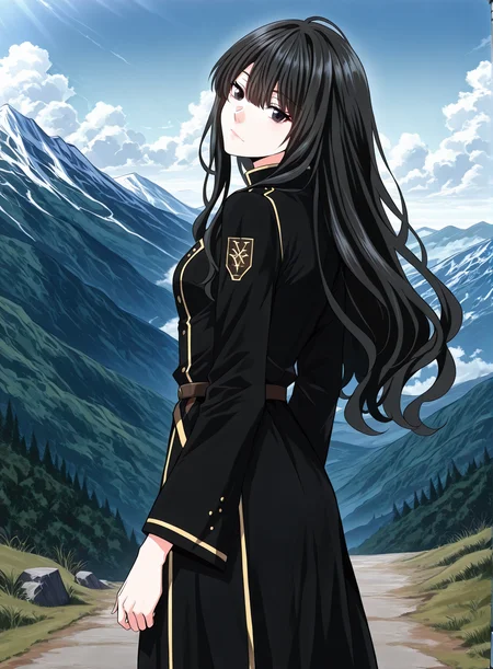 <lora:Kathyln_Glayder__The_Beginning_After_the_End__Illustrious-000009:1>
1 girl, solo, black eyes, brwon eyes, very long hair, black hair, bangs, wavy hair, ahoge, hair between eyes, small breasts, black uniform, long skirt, black thighhighs, balck footwear, sidelocks, long sleeves, belt, frills
score_9, score_8_up, score_7_up, source anime, BREAK, cowboy shot, (from side), looking back, looking at viewer, overlooking mountain, high altitude, scenery, exterior, background, (solo), perfect hands, (head tilt:1.2) , <lora:iLLMythG0thicL1nes:1>