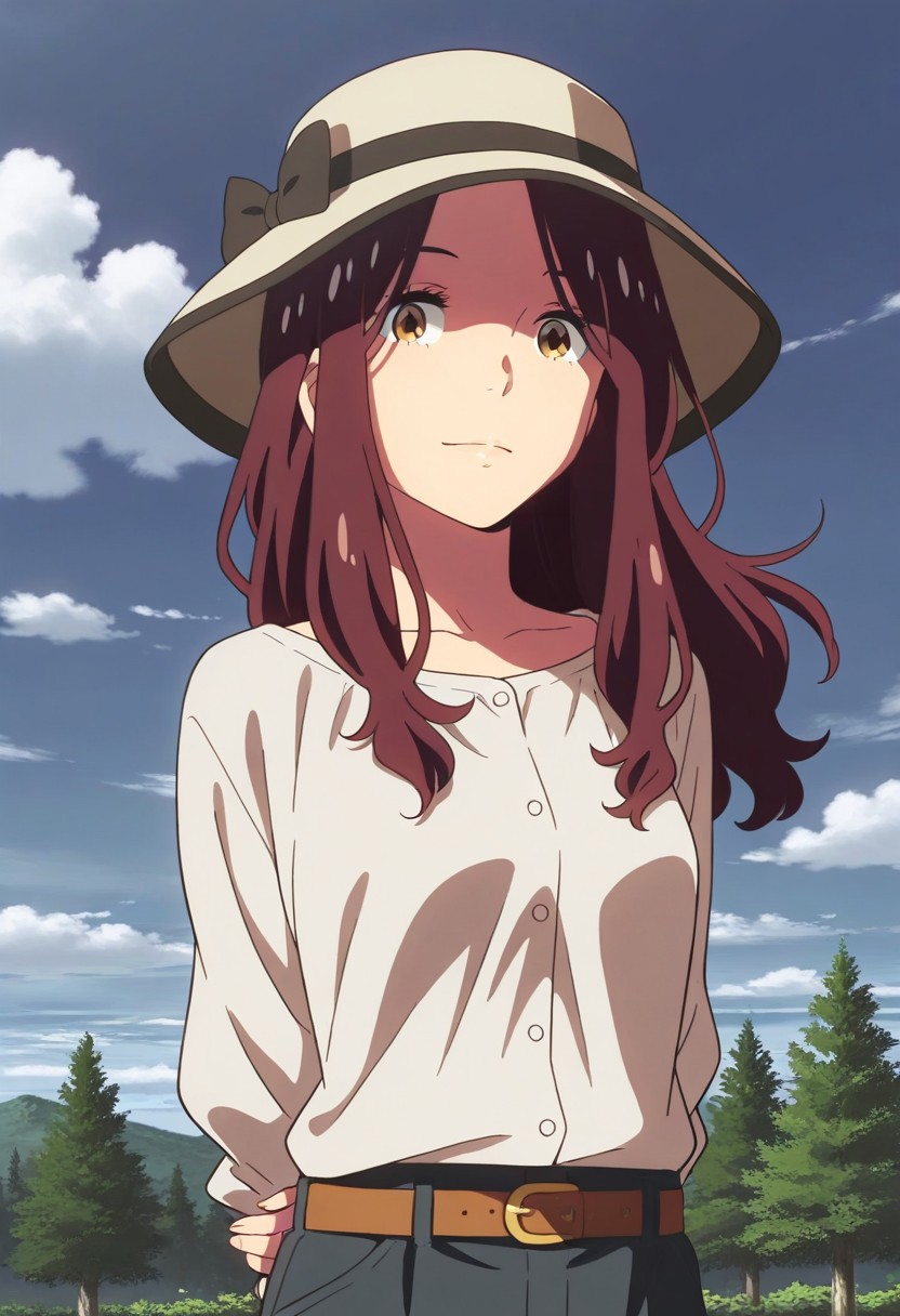 masterpiece,best quality,amazing quality,okudera miki, long hair, maroon hair, amber eyes, 1girl, solo, hat, outdoors, cloud, sky, tree, belt, arms behind back, hat bow