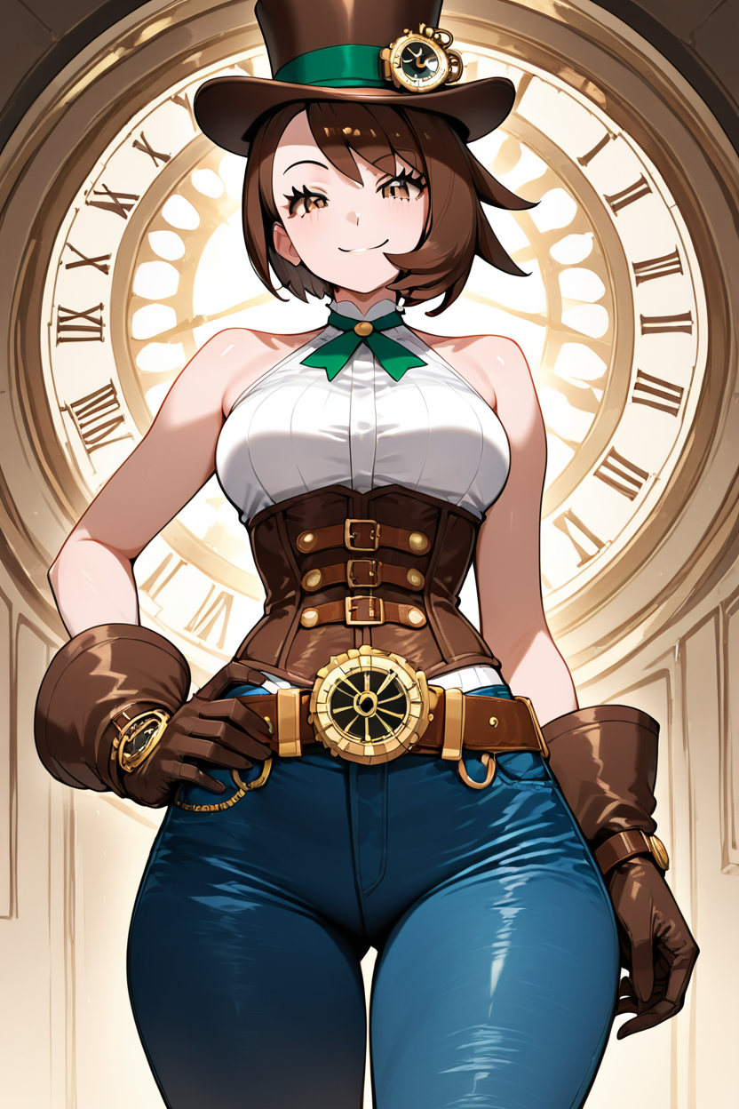 score_9, score_8_up, score_8, medium breasts, (curvy), cute, eyelashes,       ,,,  zzGloriaSPCitron, brown eyes, brown hair, short hair, top hat, steampunk, clock on belt, corset, bare shoulders, big gloves, tight blue jeans, white halterneck, green ribbon,   <lora:GloriaSteampunkPDXL:1>, cowboy shot, hand on hip, smug, smile, looking at viewer, shiny skin, embedding:zPDXL, Expressiveh, <lora:SDXLFaeTastic2400:0.5>,  <lora:Expressive_H-000001:0.4>,