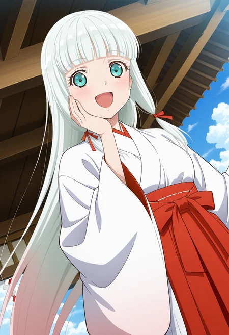 shrine, trees, clouds, day,
BREAK,
open smile, blush, hand on cheek,
cowboy shot, dynamic angle,
BREAK,
<lora:lailahI_illustriousXL_v04:1>
lailahrnd, gradient hair, silver hair, aqua eyes, very long hair, straight hair, blunt bangs, tied sidelocks,
miko, hakama, red hakama,
sandals, white tabi, source_anime, very aesthetic, anime coloring, masterpiece,
best quality, amazing quality, ultra detailed, very aesthetic,
detailed background,
BREAK,