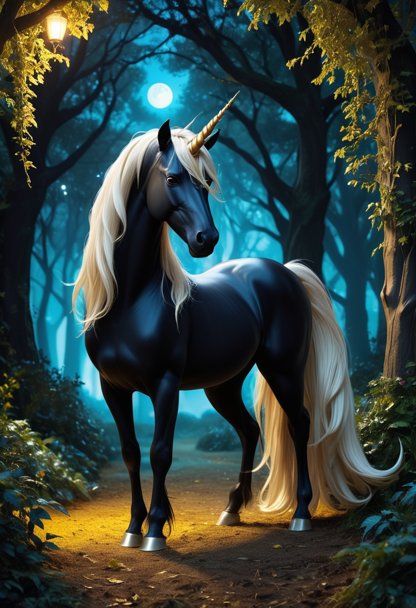 (medium full shot) of (pure graceful unicorn), blue eyes, midnight black sleek coat, twisted horn, silky mane, golden hoofs, set in  a vibrant magical grove, featuring lush foliage, curious creatures, a lively atmosphere, under the moonlight, ,Masterpiece,best quality, raw photo, realistic, very aesthetic, dark
