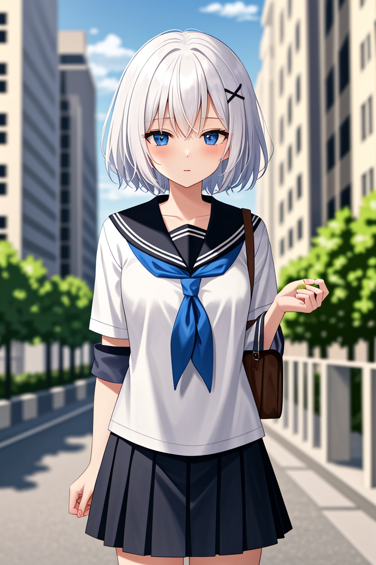 1girl, short hair, (white hair:1.2), x hair ornament, blue eyes, 
outdoors, detailed background, city, 
neckerchief, 
serafuku, 
 <lora:SiestaV1.0-000001:1> siesta diad,, <lora:LCM_LoRA_Weights_SD15:1>