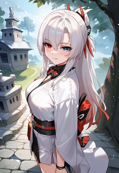 zPDXL3, score_9_up, score_8_up, score_7_up, (Anime_source), 1girl, heterochromia, red eye-blue eye, long hair, multicolored hair, white-red hair, (kimono), cowboy shot, ancient temple, sakura trees, particles, looking at viewer, blush smile, (from side, from above, dutch angle)