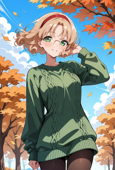 masterpiece, best quality, high quality, anime, solo, <lora:AEFuuillx:1>
AEFuuDef, green eyes, curly hair, light brown hair, parted bangs, short hair, glasses, rimless eyewear, round eyewear, red hairband,
green sweater, floating hair, wind, falling leaves, hand in own hair, smile, pantyhose, cable knit sweater, green sweater, oversized sweater, autumn,
