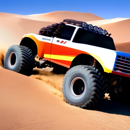 photo (truckplans:1) a large monster truck driving through a desert area <lora:djzTruckPlans_LoraBooth:1>