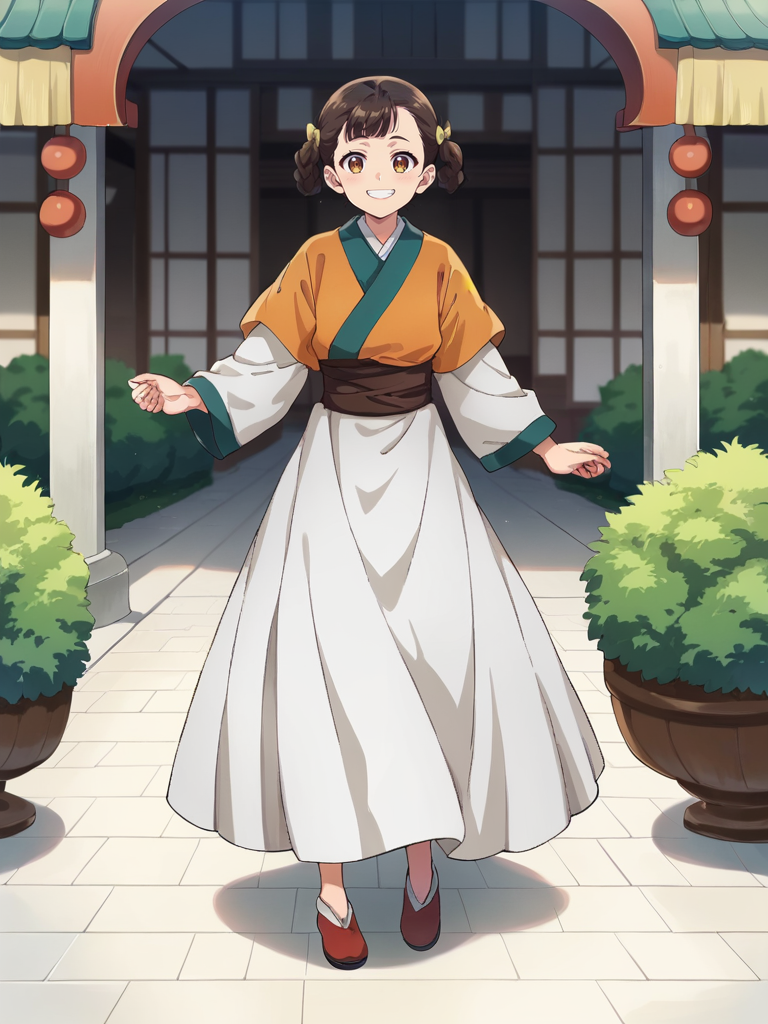 score_9,score_8_up,score_7_up,score_6_up,score_5_up,score_4_up,source_anime BREAK
ywxl,1girl,short over long sleeves, orange short sleeves, white long sleeves,white skirt,brown sash,hair bow,red footwear,full body,looking at viewer,smile,
garden,east asian architecture,depth of field,,<lora:ywxiaolanv3_pony:0.8>