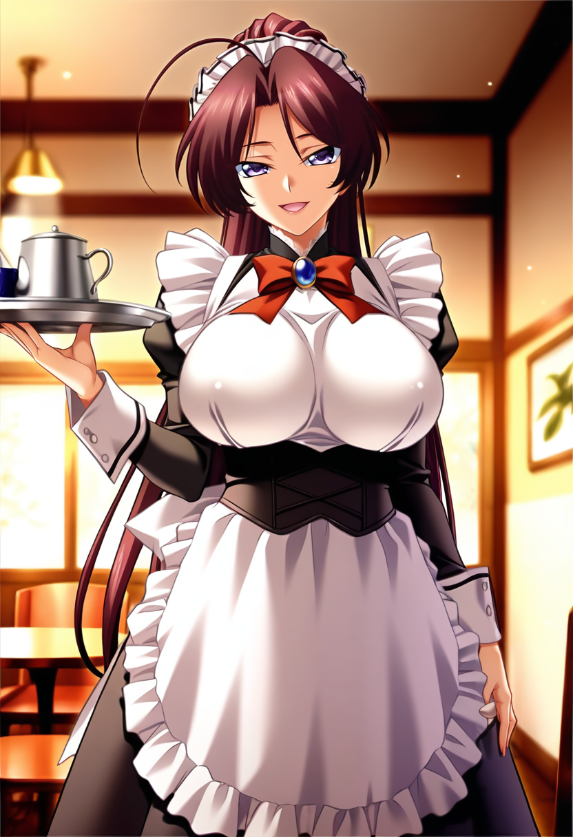 masterpiece, best quality, amazing quality,mifuyu kamijou, purple eyes, maroon hair, long hair, ponytail, ahoge, 1girl, solo, maid, maid headdress, breasts,large breasts,maid apron, long sleeves, mature female,black corset,open mouth, light smile, holding plate, arm at side, standing, looking at viewer, cowboy shot, indoors, restaurant, blurry background<lora:mifuyu kamijouV1:1>