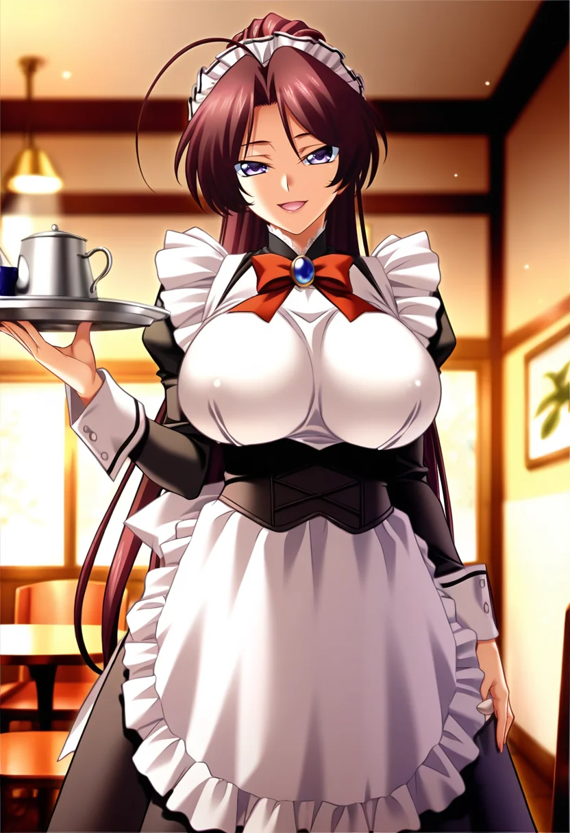 masterpiece, best quality, amazing quality,mifuyu kamijou, purple eyes, maroon hair, long hair, ponytail, ahoge, 1girl, solo, maid, maid headdress, breasts,large breasts,maid apron, long sleeves, mature female,black corset,open mouth, light smile, holding plate, arm at side, standing, looking at viewer, cowboy shot, indoors, restaurant, blurry background<lora:mifuyu kamijouV1:1>