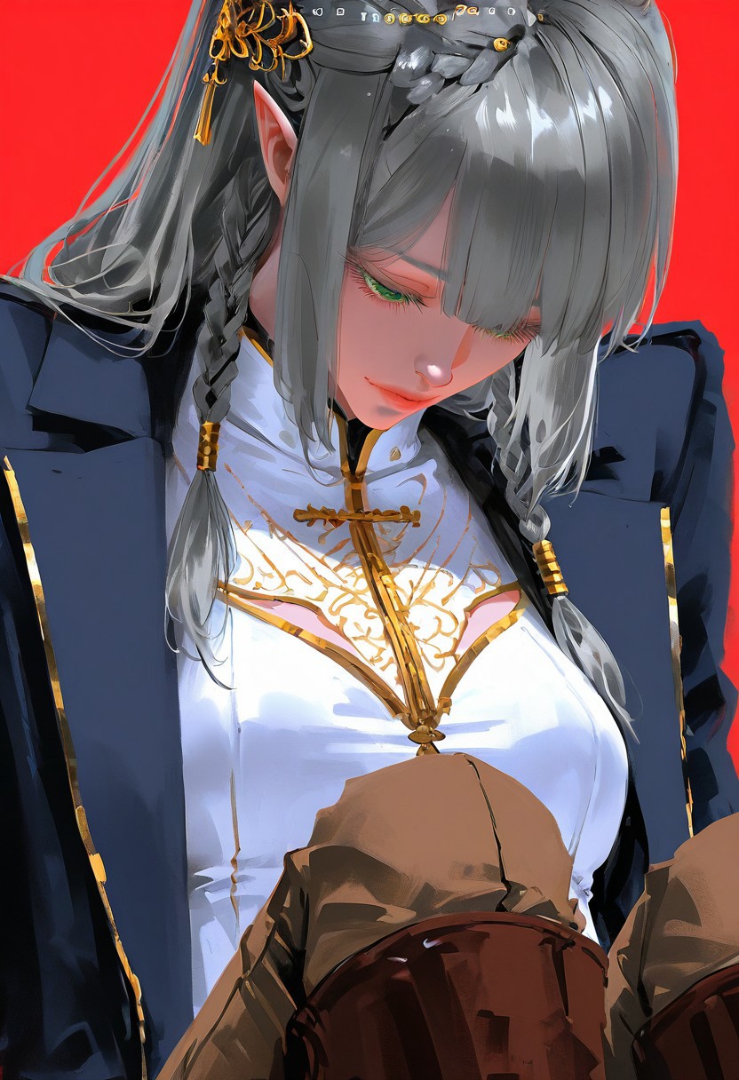 <lora:Tessia_Eralith__The_Beginning_After_the_End__Illustrious_v1-000008:1>
1 girl, solo, elf, pointy ears, green eyes, grey hair, braid, side braid, french braid, hair bettween eyes, bangs, long hair,
hair ornament,
navy blue long coat with gold trim, white top with chest cutout, brown fitted pants, brown boots, gold hair ornament
, simple background, red background, eyelashes, looking down, half-closed eyes, portrait,  close-up, long eyelashes,
wlop, nhl-001, limited palette, realistic <lora:noobai_ep11_stabilizer_v0.138_fp16:0.3> <lora:NOOB_vp1_detailer_by_volnovik_v1:0.3> <lora:nhl-002-nai:0.7> <lora:nhl-001-20:0.8> <lora:XXX667:0.6>