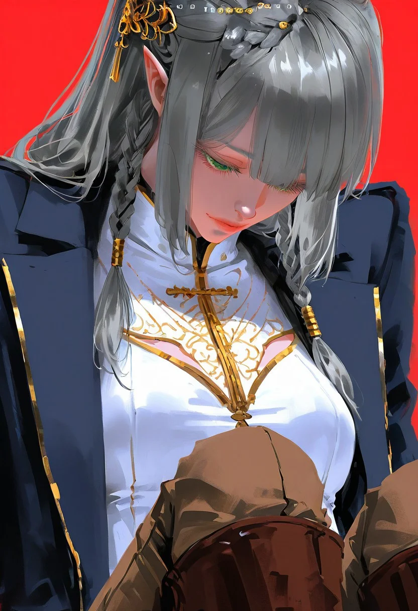 <lora:Tessia_Eralith__The_Beginning_After_the_End__Illustrious_v1-000008:1>
1 girl, solo, elf, pointy ears, green eyes, grey hair, braid, side braid, french braid, hair bettween eyes, bangs, long hair,
hair ornament,
navy blue long coat with gold trim, white top with chest cutout, brown fitted pants, brown boots, gold hair ornament
, simple background, red background, eyelashes, looking down, half-closed eyes, portrait, close-up, long eyelashes,
wlop, nhl-001, limited palette, realistic <lora:noobai_ep11_stabilizer_v0.138_fp16:0.3> <lora:NOOB_vp1_detailer_by_volnovik_v1:0.3> <lora:nhl-002-nai:0.7> <lora:nhl-001-20:0.8> <lora:XXX667:0.6>