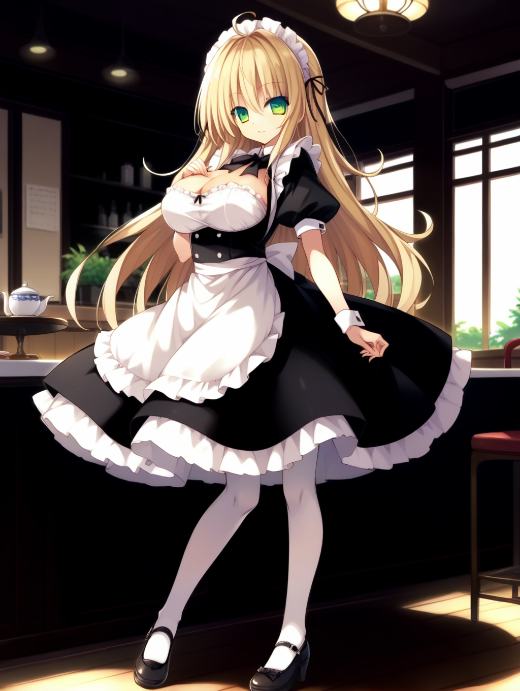score_9,score_8,score_7_up,soure_anime,high res image,masterpiece,best quality,<lora:Kadoya Yaeka_v1:1>,kadoya yaeka,1girl,long hair,breasts,solo,green eyes,blonde hair,ahoge,full body,maid,white pantyhose,large breasts,looking at viewer,maid cafe,standing,indoors,