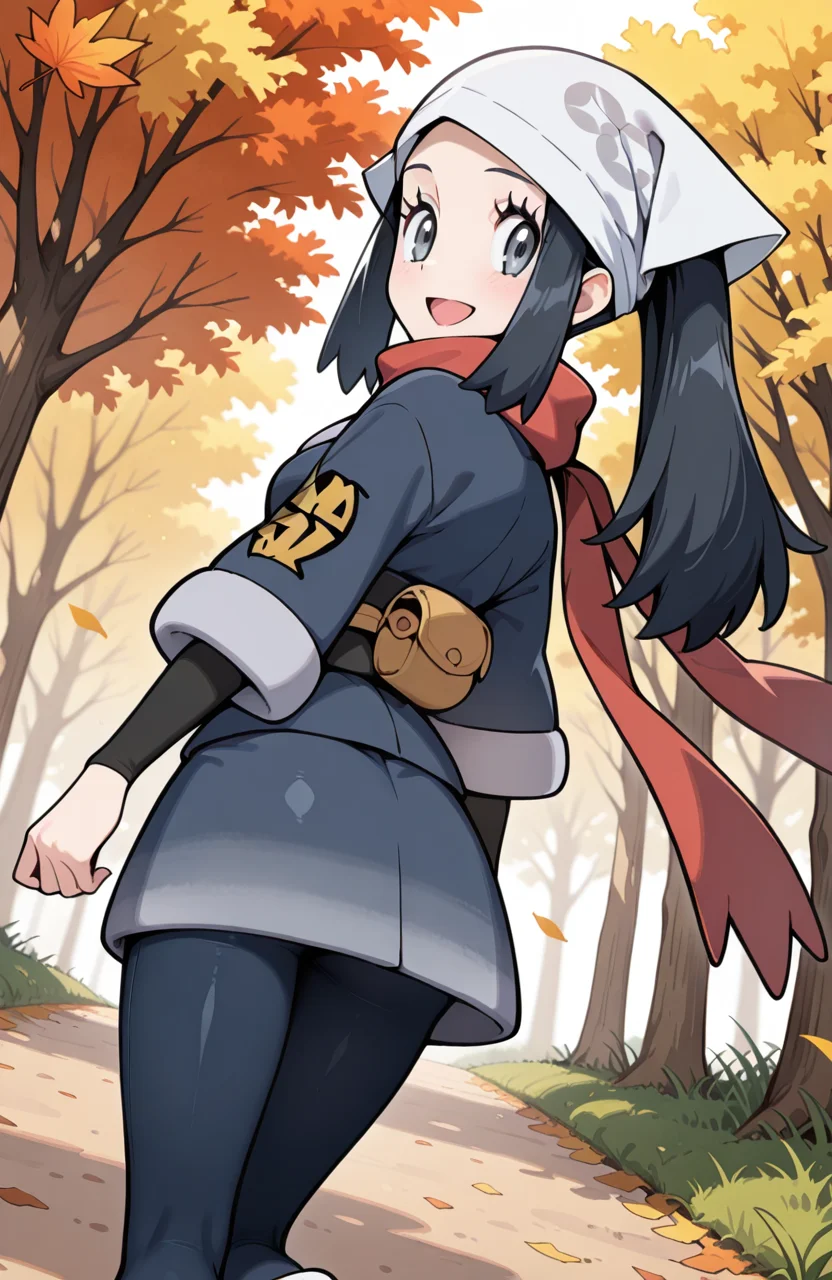 masterpiece, best quality, newest, (sugimori ken \(style\):0.5), pokemon screencap, 1girl, <lora:Akari_-_Pokemon_Illustrious:1>, akari, grey eyes, eyelashes, black hair, long hair, head scarf, galaxy expedition team survey corps uniform, scarf, white headwear, pantyhose, sidelocks, jacket, red scarf, sash, skirt, perfect eyes, breast, shiny skin, smile, open mouth, looking at viewer, grass plain, autumn, trees, forest, scenery, erotic, from behind, back view, dynamic angle, perfect anatomy