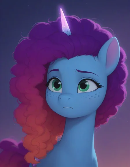 resolution, masterpiece, high resolution, (SOLO: 1.2) my little pony, friendship is magic, wild, detailed background, Misty Brightdawn , unicorn, pony, freckles, blue body, green eyes, curly hair rebirth look, gradient hair, purple and orange (hair,curly hair, curly hair slicked back:1.3) <lora:Misty_Brightdawn323:0.7>