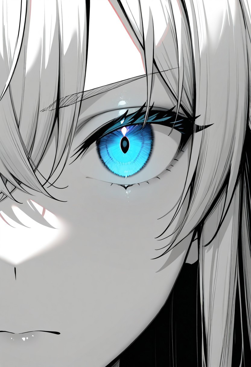 masterpiece, best quality, newest, absurdres, highres, Yukinoshita Yukino, coloured skin, white skin, blue eyes, long hair, close-up, eye focus, glowing, spot color, monochrome, <lora:YahariOreNoSeishunLoveComedy_YukinoshitaYukino_IlluXL:0.9>, glowing, white hair, serious, detailed,