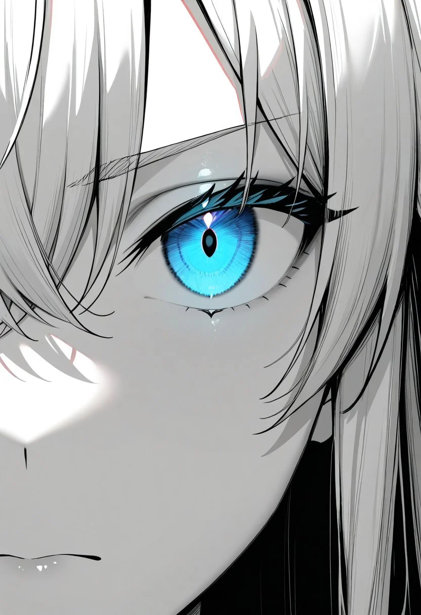 masterpiece, best quality, newest, absurdres, highres, Yukinoshita Yukino, coloured skin, white skin, blue eyes, long hair, close-up, eye focus, glowing, spot color, monochrome, <lora:YahariOreNoSeishunLoveComedy_YukinoshitaYukino_IlluXL:0.9>, glowing, white hair, serious, detailed,