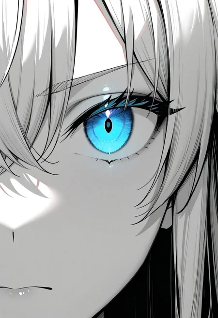 masterpiece, best quality, newest, absurdres, highres, Yukinoshita Yukino, coloured skin, white skin, blue eyes, long hair, close-up, eye focus, glowing, spot color, monochrome, <lora:YahariOreNoSeishunLoveComedy_YukinoshitaYukino_IlluXL:0.9>, glowing, white hair, serious, detailed,