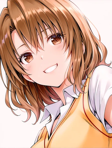masterpiece,best quality,newest,
1girl,solo,
<lora:m_risa_ilxl_v1.1:1>,momioka,brown hair,brown eyes,m_clothes,short sleeve blouse,sweater vest,
<lora:Fixhands_anime_bdsqlsz_V1:1>,looking_at_viewer,light_blush,cinematic_angle,looking_at_viewer,white_background,simple_background,upper_body,face_focus,portrait,grin,smile,