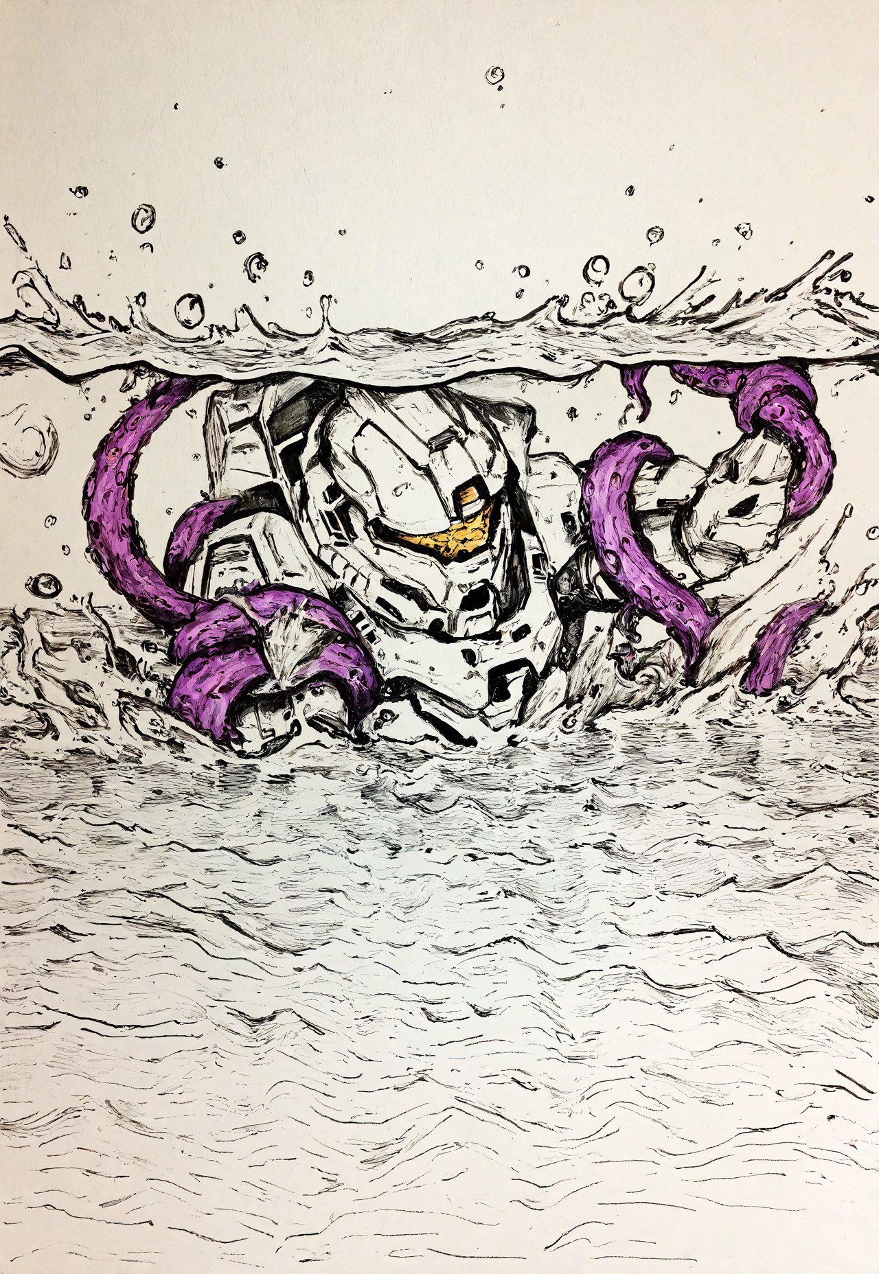 masterpiece, best quality, amazing quality, very aesthetic, absurdres, newest, detailed background, white3oard, white background, (sketch:1.2), 1boy, solo, portrait, master chief, spartan armor, tentacles, in water, drowning, submerged, battle, fighting stance, grabbing tentacle, traditional media, green lineart, spot color, purple tentacles