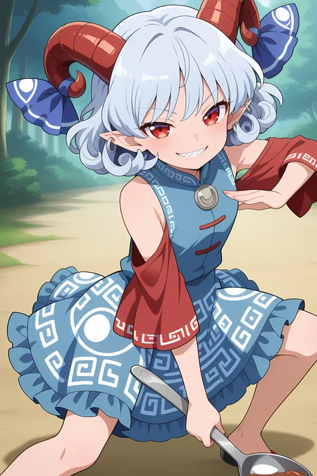 absurdres, highres, masterpiece, best quality, amazing quality, official anime artwork, screencap, anime screencap, outdoors, looking at viewer, light smile, 
 <lora:Yuuma-Toutetsu_Illustrious:1> toutetsu yuuma, 1girl, solo, red eyes, white hair, short hair, curly hair, red horns, curled horns, sharp teeth,, horn ribbon, blue ribbon, blue dress, bare shoulders, red sleeves, meandros print, holding spork, fighting stance,