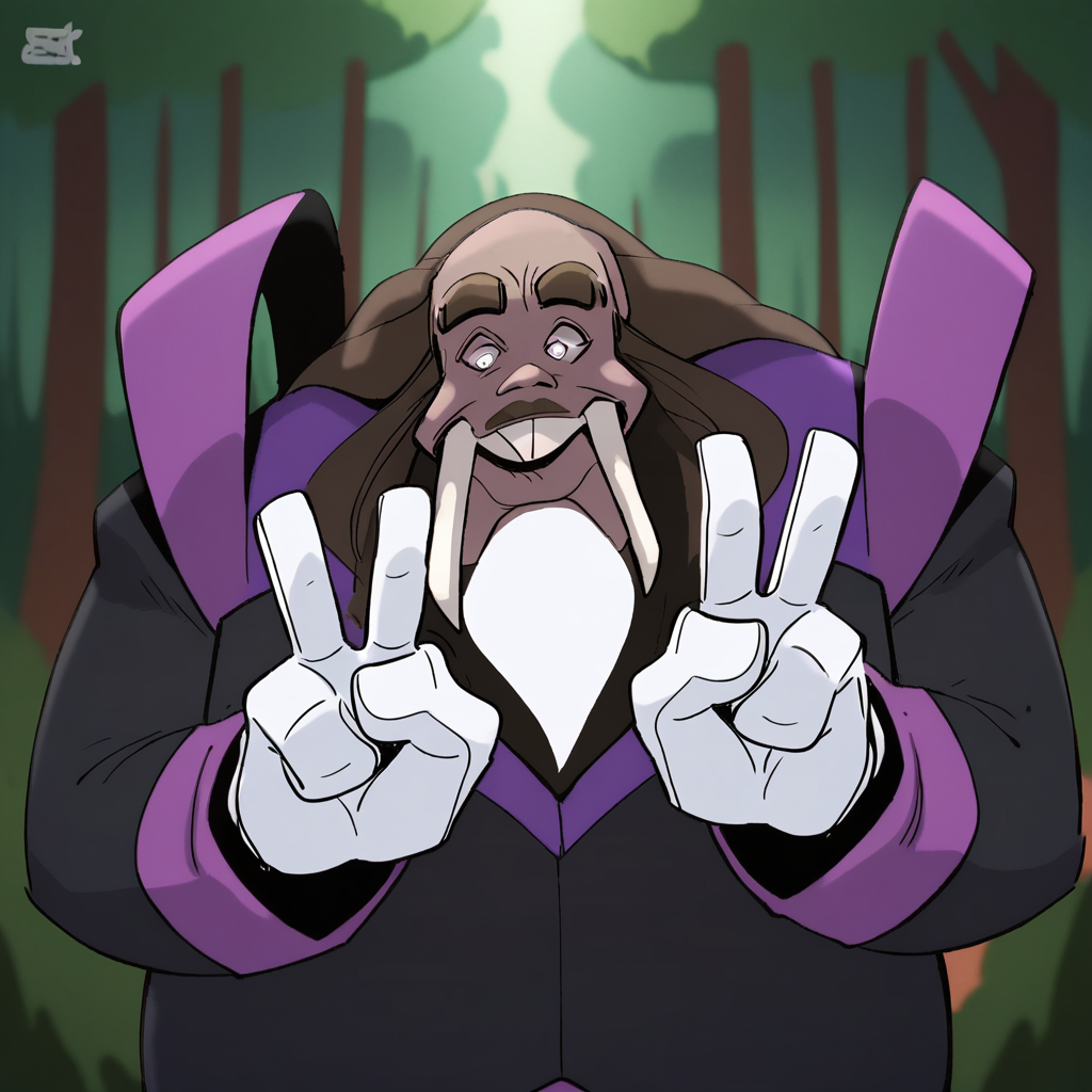 Ugly score_9_up, score_8_up, BREAK, campionajax, 1boy, solo, fat man, bald, thick eyebrows, white pupils, beard, buck teeth, suit, white gloves, cowboy shot, double v,  <lora:CampionAjax_MonkeyWrench_PXL_Leaf1:1>, forest,