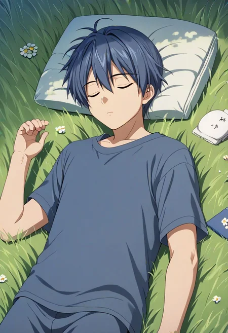 high resolution, solo, best quality, 1Boy, Tomoya Okazaki, Grey Blue Hair, sleep, nap, grass, meadow hills, wind breeze, OverallDetail