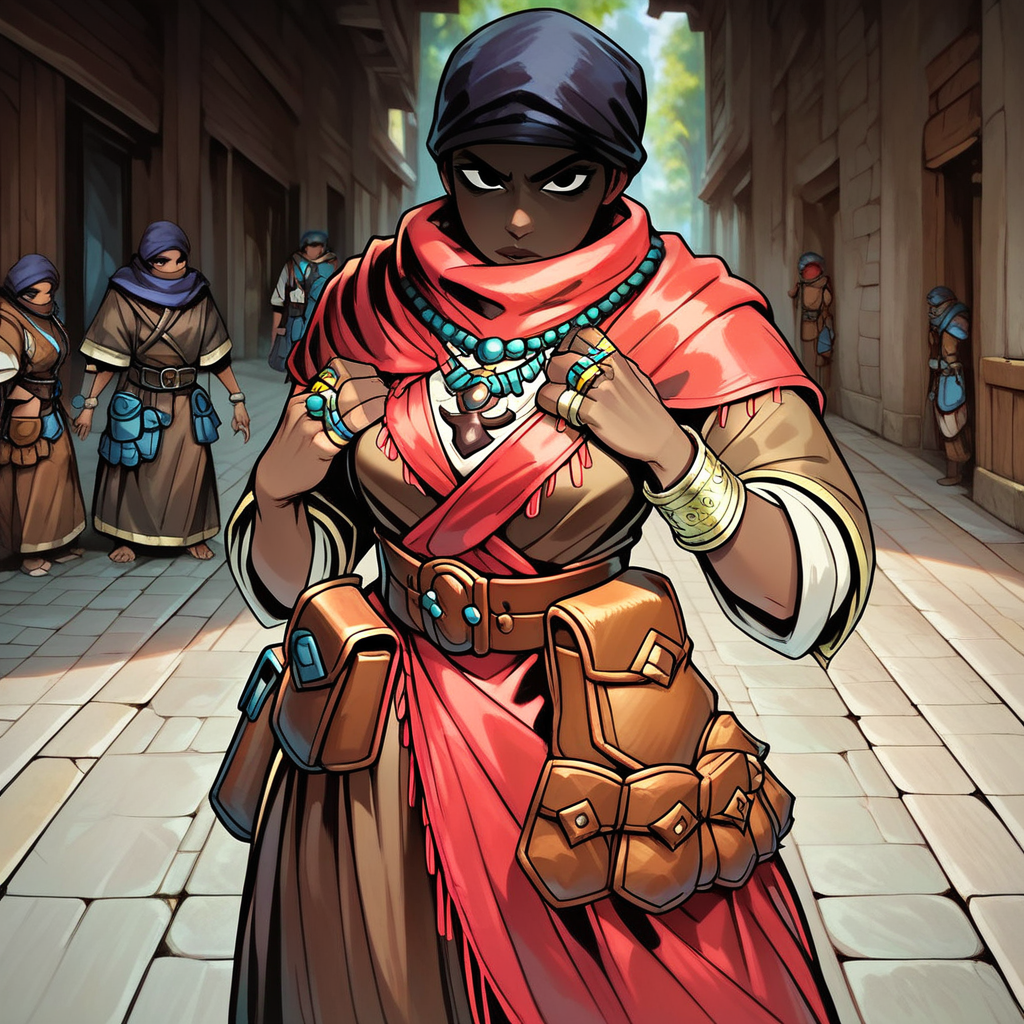 score_9, score_8_up, score_7_up, masterpiece, best quality, newest, absurdres, highres, DDAntiq-V1.1, scarf, bandana, robe, dark-skinned female, dark skin, belt pouch, pouch, necklace, belt, ring, bracelet, DDstyle, official style, black eyes, shaded eyes,