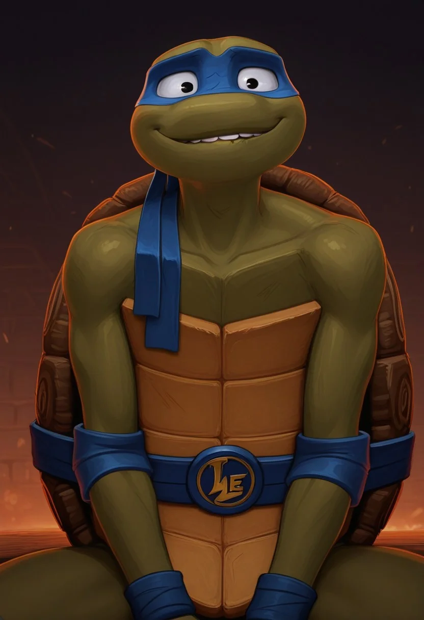 masterpiece, best quality, amazing quality,
(((Leo, blue mask))), smiling, grin, sexy face, bust shot, Leo,Tmnt, MutantMayhem, Green skin, turtle, Male, Male only, broad shoulders, 1 boy, open mouth, bright scenario, solo, skinny, face shot, (((biting lips))), sitting