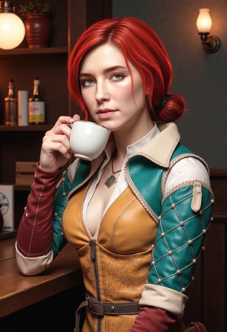 A photorealistic image of Triss Merigold drinking a cup of tea in a bar.