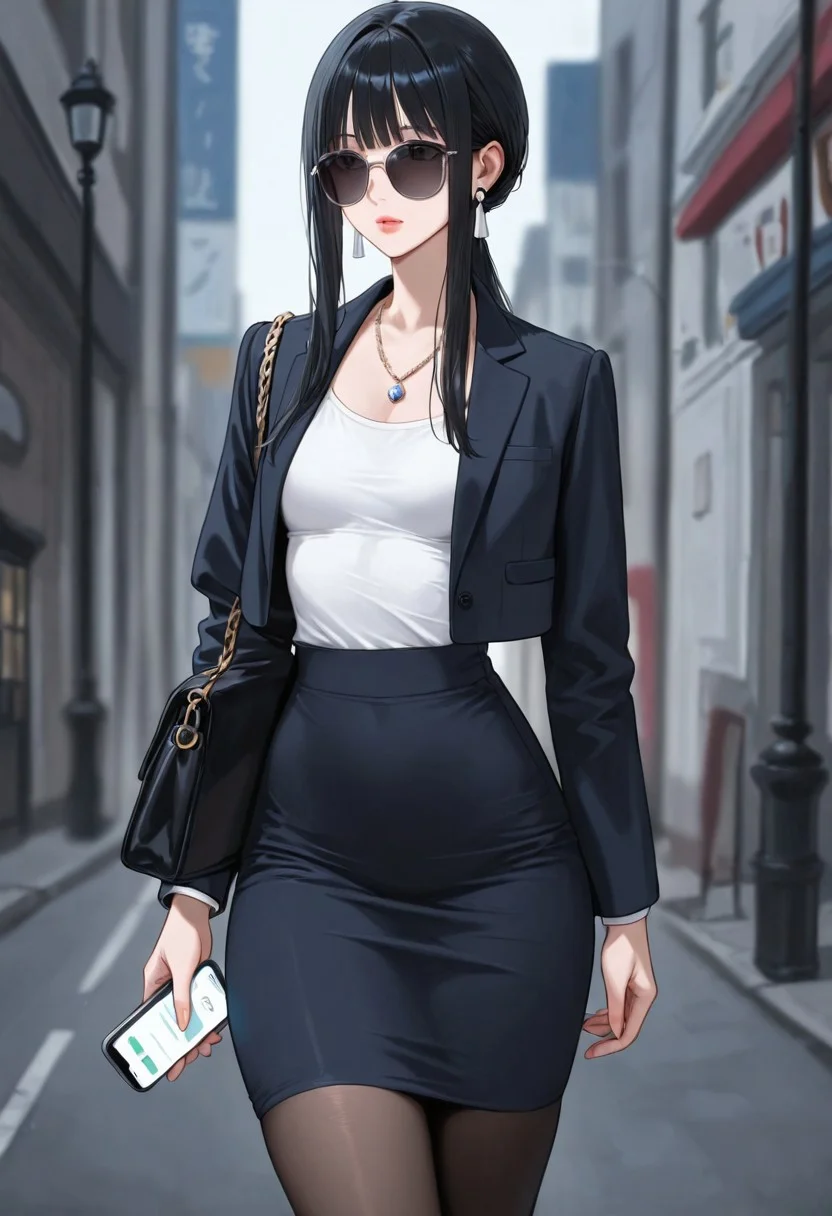 (detailed background:1.1), dynamic pose, (bloom, depth of field, vignetting:1.2), street, 1girl waiting to cross the street, lamppost,
BREAK
(1girl, solo), black hair, long hair, bangs, long sidelocks, sunglasses, thick lips, standing, holding phone, looking at phone, smartphone, handbag,
BREAK
office lady, suit, white shirt, suit jacket, black jacket, tight skirth, black pantyhose, necklace, earrings,
BREAK
small breasts, pointy breasts, (skinny, narrow waist:1.2), (thick thighs:1.2), (hip dips:1.1),
<lora:SOS_Style_-_Illustrious:1>
