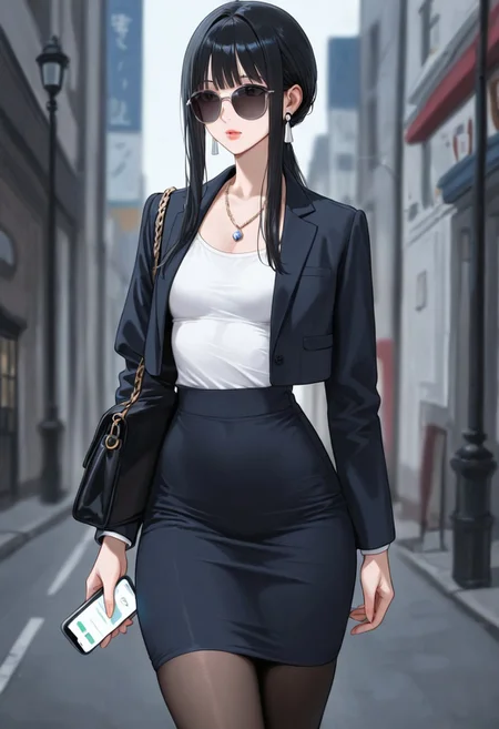 (detailed background:1.1), dynamic pose, (bloom, depth of field, vignetting:1.2), street, 1girl waiting to cross the street, lamppost,
BREAK
(1girl, solo), black hair, long hair, bangs, long sidelocks, sunglasses, thick lips, standing, holding phone, looking at phone, smartphone, handbag,
BREAK
office lady, suit, white shirt, suit jacket, black jacket, tight skirth, black pantyhose, necklace, earrings,
BREAK
small breasts, pointy breasts, (skinny, narrow waist:1.2), (thick thighs:1.2), (hip dips:1.1),
<lora:SOS_Style_-_Illustrious:1>