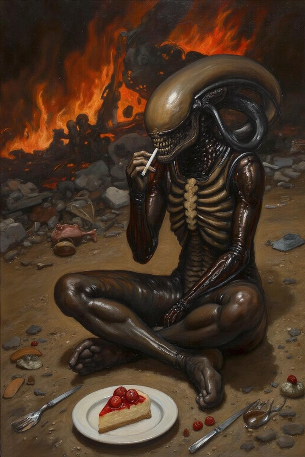 edwinabbey1 painting. 
Xenomorph, puffing a cigarette, sitting cross-legged on the ground, a crashed burning spaceship wreckage in the background, dessert  
 <lora:edwinabbey1_cap_d6a3:1.0><lora:837015059562591463:0>