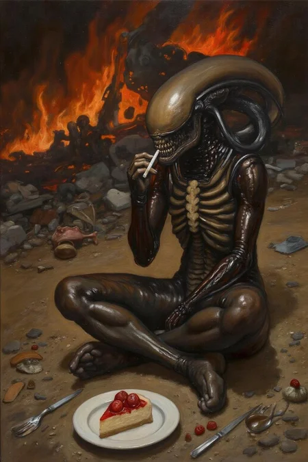 edwinabbey1 painting.
Xenomorph, puffing a cigarette, sitting cross-legged on the ground, a crashed burning spaceship wreckage in the background, dessert
<lora:edwinabbey1_cap_d6a3:1.0><lora:837015059562591463:0>