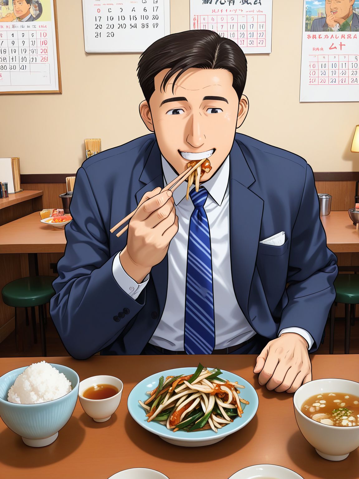 general,best quality, highres, hyper extreme detailed,8k wallpaper,indoors,restaurant,table,plate, BREAK
1boy,male focus, inogashira_goro_ilxl,smile, black eyes, formal, suit, standing,upper body, perfect anatomy, detailed face,from front, <lora:inogashira_goro_ilxl:1>,
(holding chopsticks:1.2),
indoors, restaurant, table, chair, lamp, counter, stool, poster (object), calendar (object),
many foods, chopsticks, spoon, bowl, plate, cup, saucer,
rice bowl, soup,stir-fried vegetables, yasaiitame,gyoza, 
<lora:machichuka-000006:1> machichuka