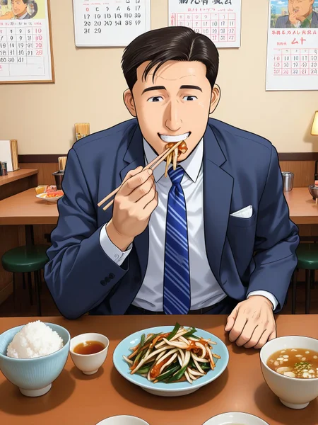 general,best quality, highres, hyper extreme detailed,8k wallpaper,indoors,restaurant,table,plate, BREAK
1boy,male focus, inogashira_goro_ilxl,smile, black eyes, formal, suit, standing,upper body, perfect anatomy, detailed face,from front, <lora:inogashira_goro_ilxl:1>,
(holding chopsticks:1.2),
indoors, restaurant, table, chair, lamp, counter, stool, poster (object), calendar (object),
many foods, chopsticks, spoon, bowl, plate, cup, saucer,
rice bowl, soup,stir-fried vegetables, yasaiitame,gyoza,
<lora:machichuka-000006:1> machichuka