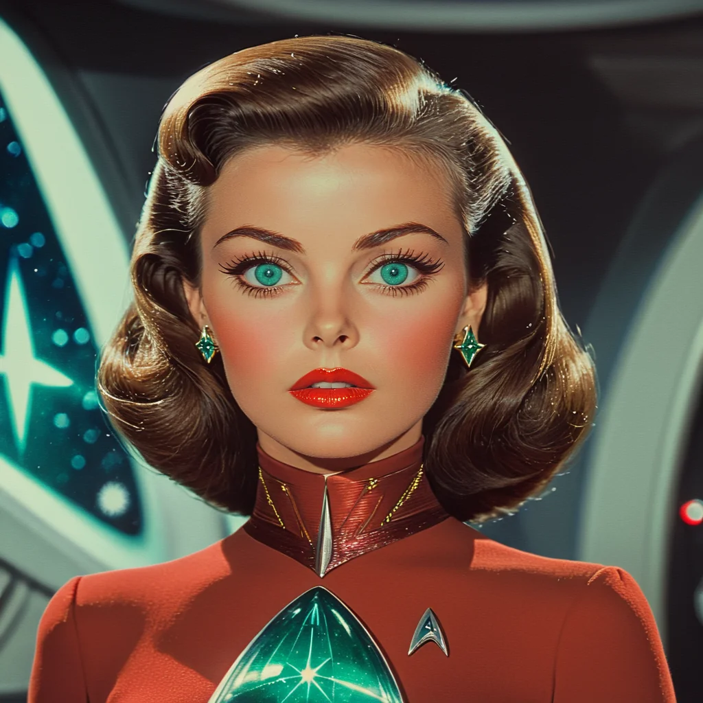 <lora:40sTechnicolorCyberpunkSDXL:1> ArsMovieStill, movie still from a technicolor 1940s cyberpunk film, The image shows a woman in a red dress with a green diamond on her chest standing in front of a star trek poster. Her face is clearly visible with her eyes looking directly at the viewer and her lips slightly parted. Her hair is styled in a classic 1950s look and her dress is a deep red color with a high neckline and long sleeves. The star trek logo is prominently displayed on the chest of her dress., 1girl, solo, jewelry, earrings, brown hair, parted lips, blue eyes, makeup, red lips, looking at viewer