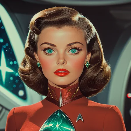 <lora:40sTechnicolorCyberpunkSDXL:1> ArsMovieStill, movie still from a technicolor 1940s cyberpunk film, The image shows a woman in a red dress with a green diamond on her chest standing in front of a star trek poster. Her face is clearly visible with her eyes looking directly at the viewer and her lips slightly parted. Her hair is styled in a classic 1950s look and her dress is a deep red color with a high neckline and long sleeves. The star trek logo is prominently displayed on the chest of her dress., 1girl, solo, jewelry, earrings, brown hair, parted lips, blue eyes, makeup, red lips, looking at viewer