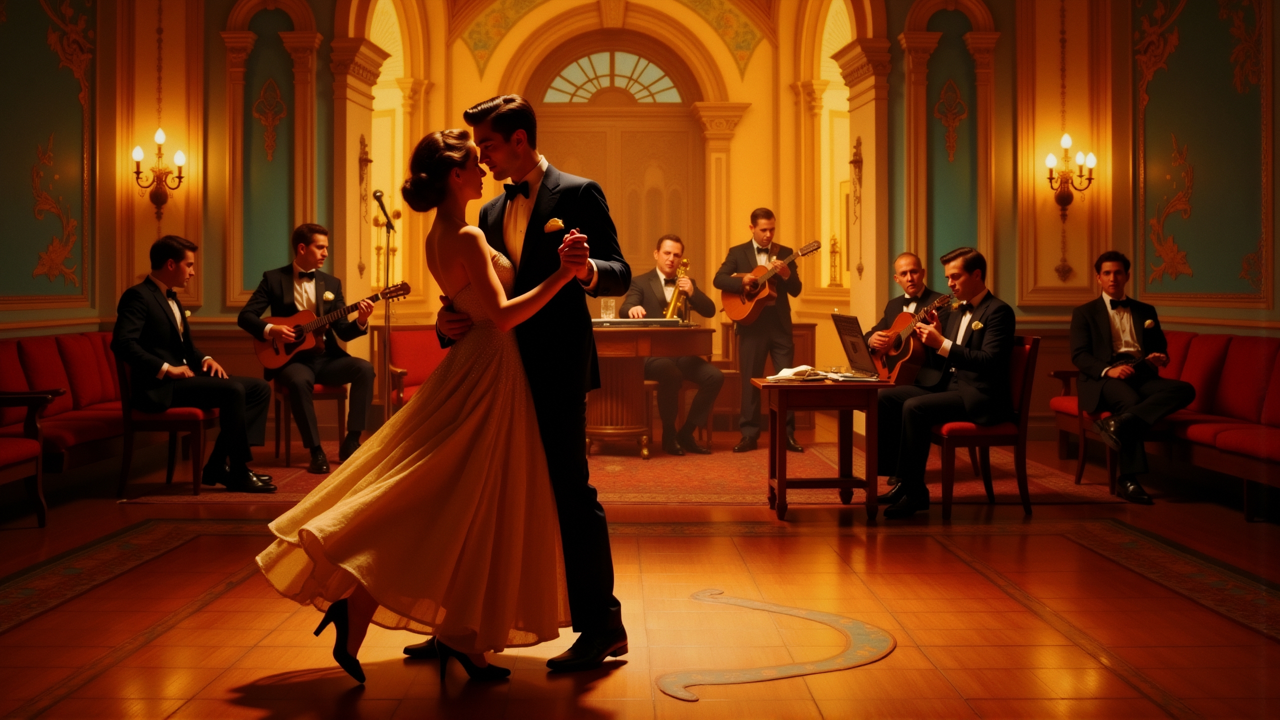 A nostalgic scene from the 1950s unfolds as a dapper gentleman leads his elegant partner across a gleaming/ wooden dance floor. The big band plays energetically in the background/ filling the room with infectious rhythm and melodies of the era. The couple's love radiates through their movements/ with his strong embrace and her graceful steps perfectly synchronized to the music. The atmosphere is filled with the vibrant colors/ intricate patterns/ and warm/ amber lighting reminiscent of a bygone era. This moment is captured in an exquisite painting that evokes a sense of nostalgia for simpler times. Elegant Dance Scene from 1950s: Couple Dancing to Big Band (Retro/ Romantic/ Nostalgic)