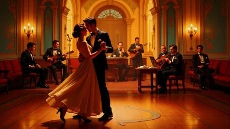A nostalgic scene from the 1950s unfolds as a dapper gentleman leads his elegant partner across a gleaming/ wooden dance floor. The big band plays energetically in the background/ filling the room with infectious rhythm and melodies of the era. The couple's love radiates through their movements/ with his strong embrace and her graceful steps perfectly synchronized to the music. The atmosphere is filled with the vibrant colors/ intricate patterns/ and warm/ amber lighting reminiscent of a bygone era. This moment is captured in an exquisite painting that evokes a sense of nostalgia for simpler times. Elegant Dance Scene from 1950s: Couple Dancing to Big Band (Retro/ Romantic/ Nostalgic)