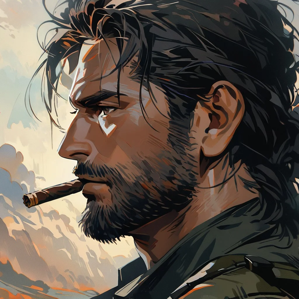 1man, big boss, metal gear solid v, smoking a cigar, face closeup, sideview, looking away, impressionism painting style, (absurd detail), (high quality), (4k), solo, (masterpiece), (absurdres), (best quality), (ultra-detailed), very aesthetic, illustration, perfect composition, intricate details