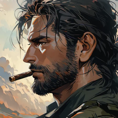 1man, big boss, metal gear solid v, smoking a cigar, face closeup, sideview, looking away, impressionism painting style, (absurd detail), (high quality), (4k), solo, (masterpiece), (absurdres), (best quality), (ultra-detailed), very aesthetic, illustration, perfect composition, intricate details