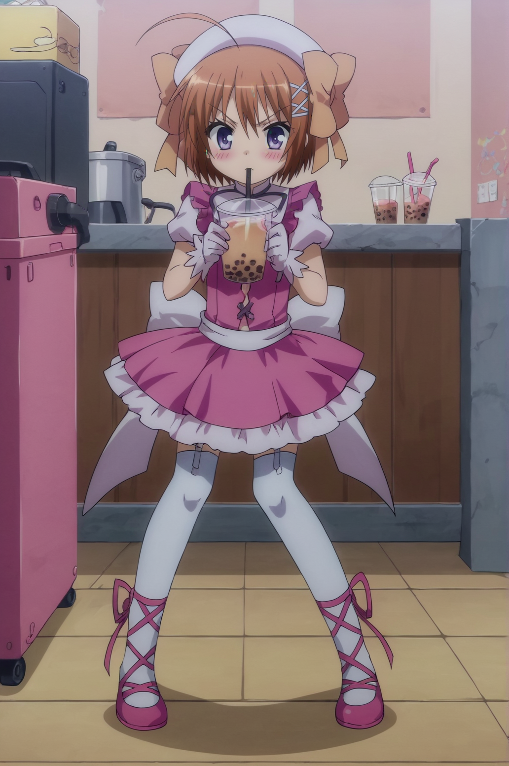 score_9, score_8_up, score_7_up,anime_source, source_anime, best background, detailed background, anime screencap,  Haruna, Magical Dress, full body, drinking bubble tea, indoors, blush, <lora:JN_Haruna:0.8>