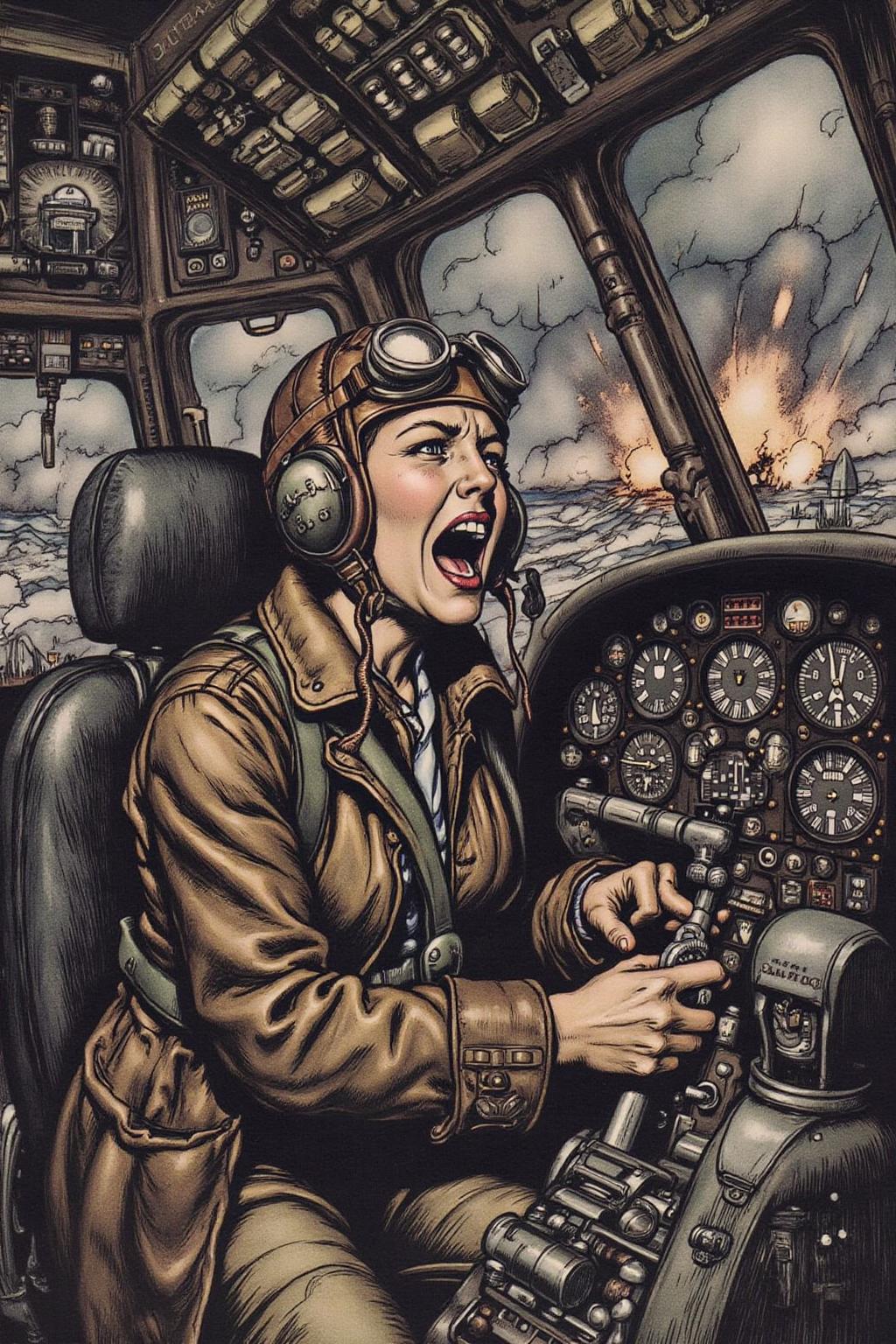 artrack1 illustration 
A female pilot screaming inside the cockpit of a World War II bomber. The pilot, wearing a vintage leather flight helmet with goggles and a bomber jacket, grips the controls with white-knuckled hands. Her face is contorted in a mix of fear and determination as she yells, her eyes wide with adrenaline. The cockpit is cramped and filled with old-fashioned dials and gauges, with the outside view showing dark stormy clouds and distant anti-aircraft fire. 
 <lora:artrack1_nocap_d6a3:1.0><lora:812489855704568397:0>