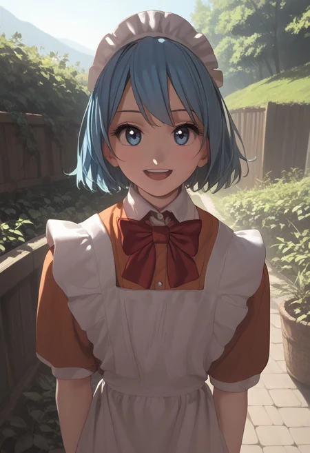 abbystea style, score_9, score_8_up, score_7_up, best quality, high detailed, BREAK
female, solo, long eyelashes, cute,
Chikoi the Maid, maid, white maids headband, blue hair, short hair, blue eyes, Red bow tie, orange maid suit
looking at you,
scenery porn, outdoors,
sunlight, high angle, face focus, saturated colors, smile, open mouth
