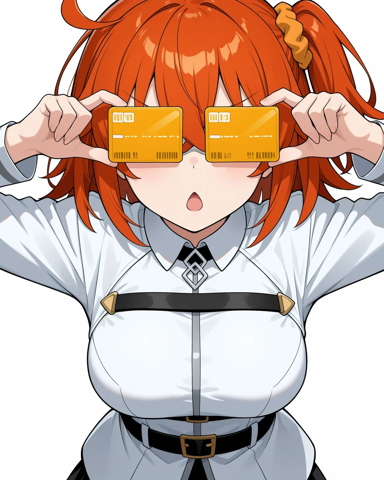 masterpiece, best quality, amazing quality, very aesthetic, absurdres, newest, general, simple background, negative space, cowboy shot,
1girl, fujimaru ritsuka \(female\), chaldea uniform, orange hair, white background,
cardew, straight-on, covered eyes, adjusting eyewear, credit card, chestnut mouth, open mouth, <lora:cardew v2:1> v-shaped eyebrows,