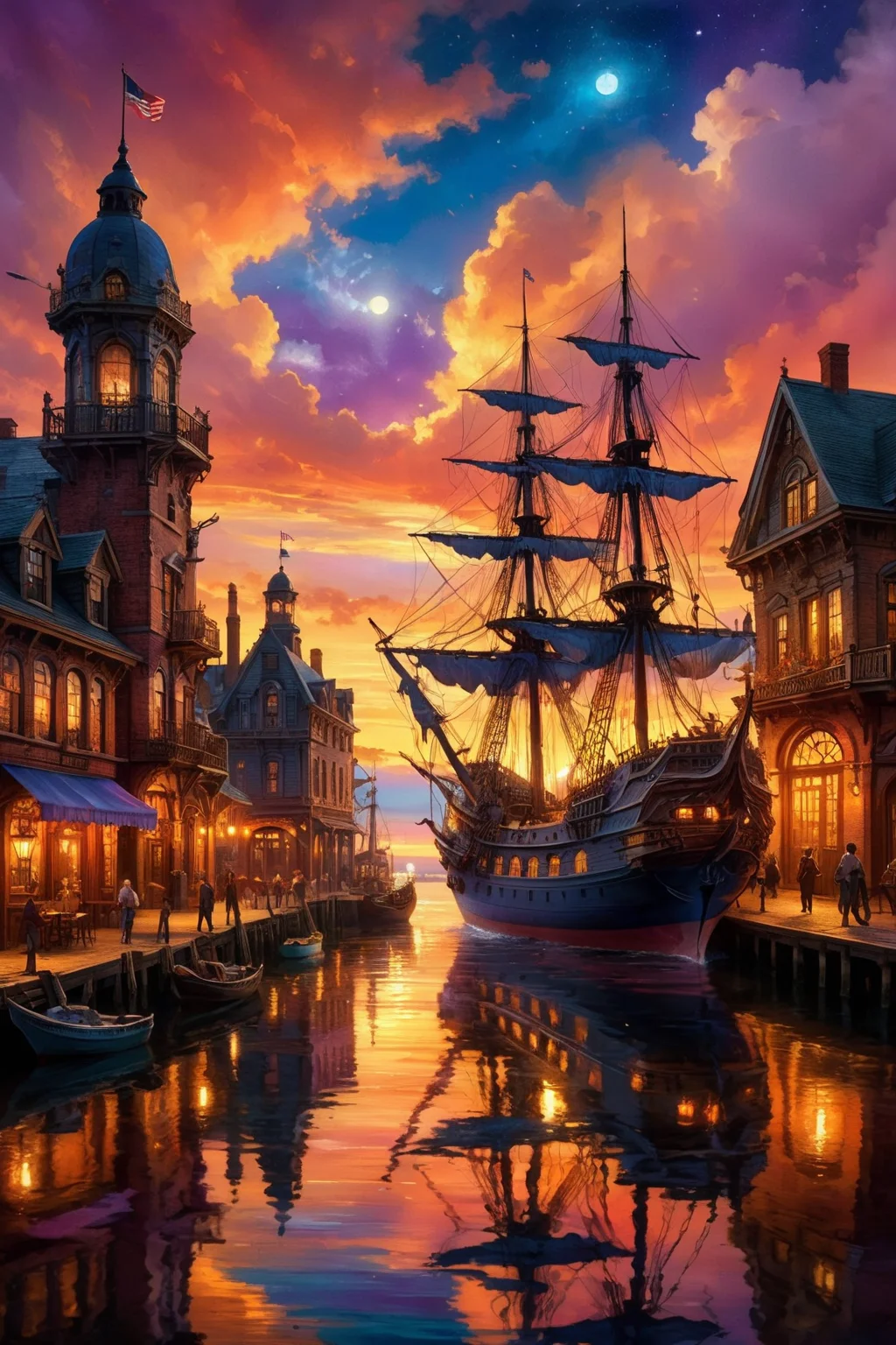 A detailed and realistic scene set in the Victorian era, showcasing a bustling harbor at sunset. The docks are lined with intricate Victorian-style ships, their masts and sails illuminated by the warm, golden hues of the setting sun. The town in the background is filled with Victorian architecture, including charming buildings and cobblestone streets, creating a picturesque and nostalgic atmosphere. The sky is painted with vibrant colors, blending oranges, pinks, and purples, enhancing the surreal and dreamy quality of the scene. The water reflects the beautiful sunset, adding a magical and almost ethereal glow to the entire setting. The environment is rich with textures and details, from the weathered wood of the ships to the intricate facades of the buildings, all contributing to a hyper-realistic yet fantastical feel.
<lora:ral-mtclniscp-sdxl:0.7> ral-mtclniscp,
<lora:add-detail-xl:1.0>,
<lora:EnvyBetterHiresFixXL01:1.0>,
<lora:extremely_detailed:1.0>, extremely detailed,
<lora:EldritchMixIllustration_1.1:0.25>,