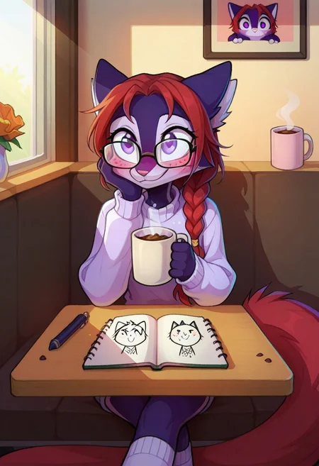 Dreamkeepers,Indi_and_Digo,1girl,solo,furry,tail,source_furry,,red hair,purple fur, purple eyes,
sitting by a café window, wearing a cozy sweater. She sips hot cocoa from a mug, a half-eaten muffin on a plate nearby. Her sketchbook is open, filled with doodles of cats, and sunlight streams through the window onto her braided hair. A tiny crumb sticks to her cheek, cafe, window_seat, glasses, sweater, braided_hair, hot_chocolate, mug, muffin, plate, sketchbook, doodles, cat_doodle, sunlight, blush, smiling, steam, crumbs_on_face, pen, notebook, indoors, wooden_table, curtains, flower_vase, cozy_atmosphere, kneehighs, socks, messy_hair, freckles, natural_lighting, peaceful, studious_expression, holding_pen, sitting, crossed_legs