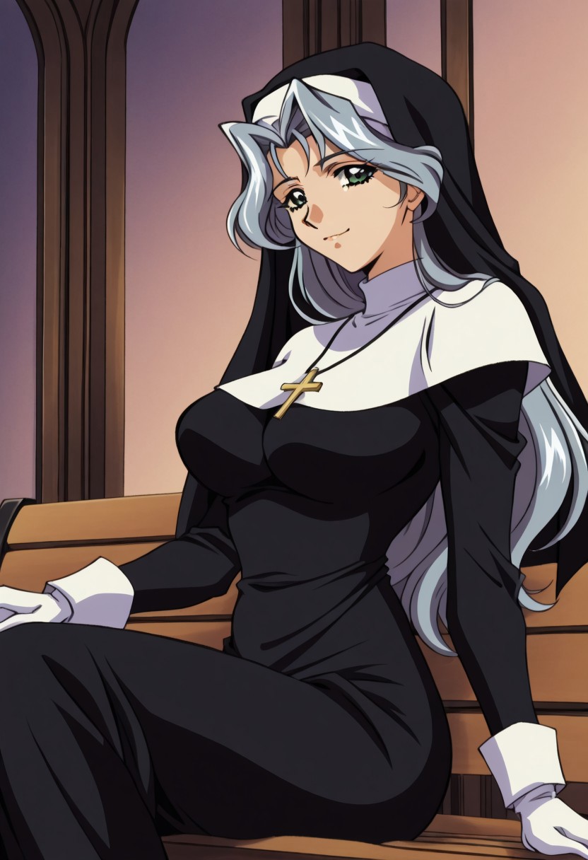 masterpiece, best quality, newest, highres, uncensored, 1girl, yokota mamoru style,slender face,motion lines,1990s (style)
Kate Andou,Grey Hair, Waist Length Hair,long Hair, Wavy Hair,Green Eyes,Big Breast, Slim,Cross Necklace, nun,Guimpe, Habit,white gloves,full covered neck,
nun, sitting on bench, from side, looking at viewer,solo, indoors, church,
