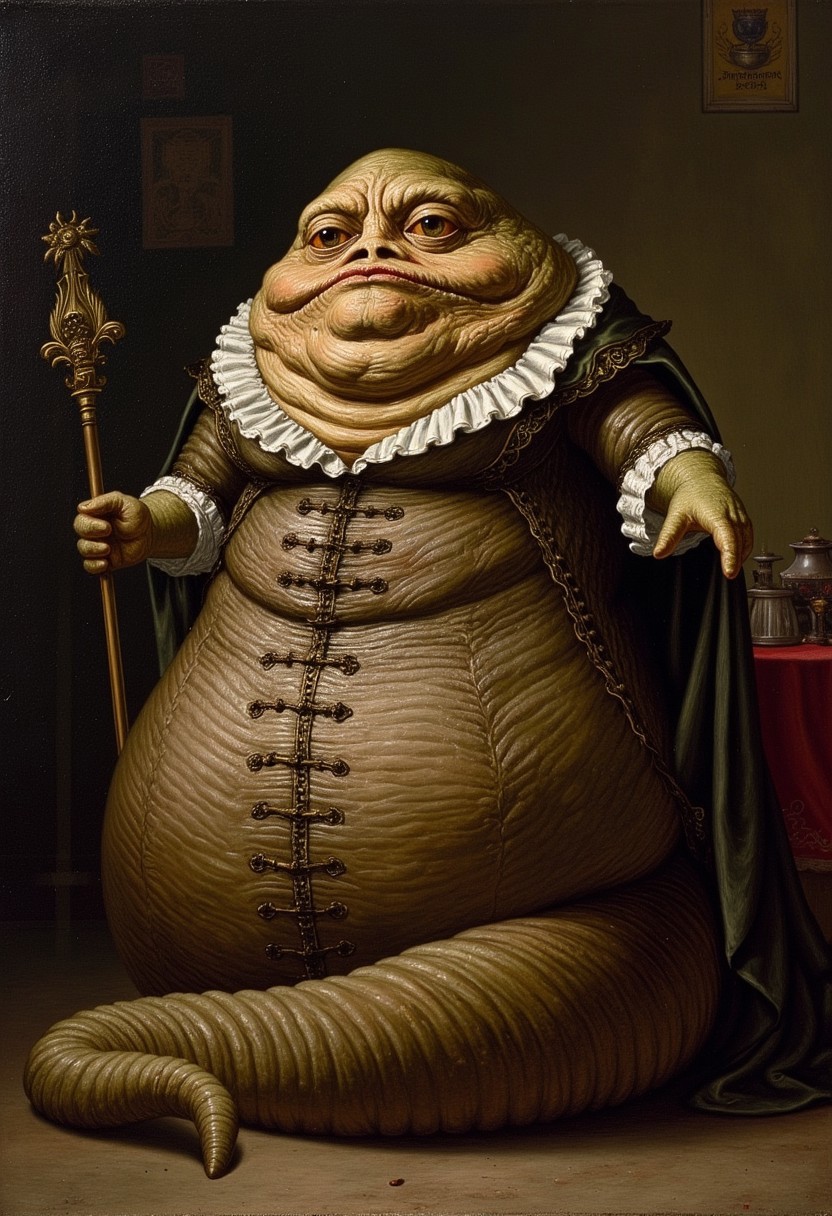 An oil painting in the style of Rembrandt of a Hutt dressed as a 17th century nobleman, slug-like, no legs